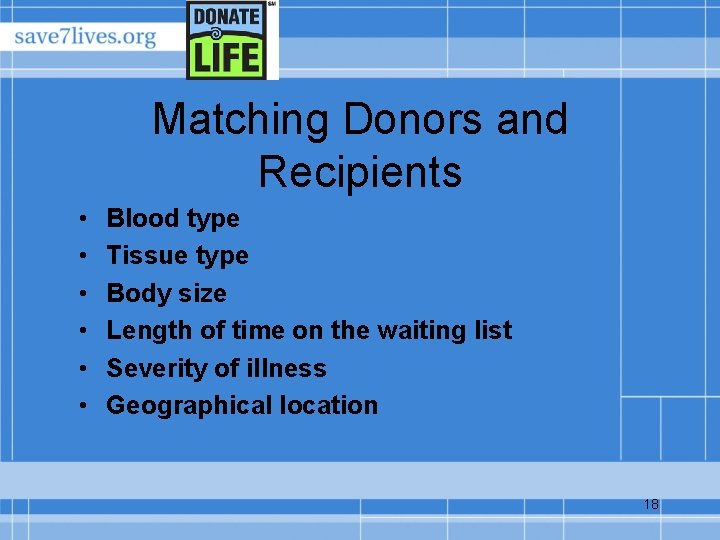 Matching Donors and Recipients • • • Blood type Tissue type Body size Length