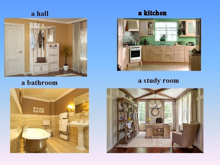 a hall a bathroom a kitchen a study room 