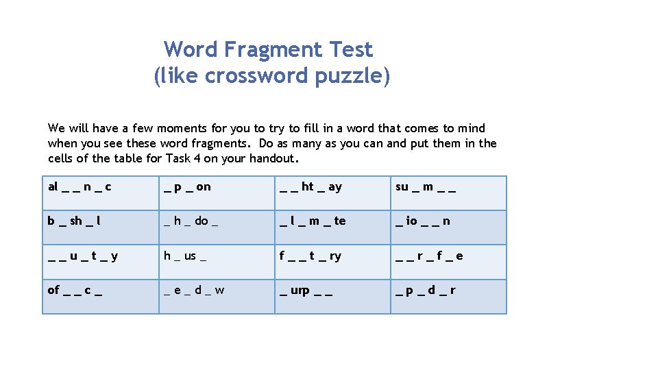 Word Fragment Test (like crossword puzzle) We will have a few moments for you