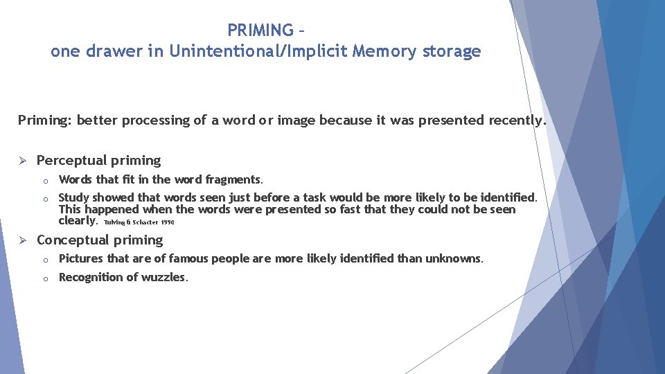 PRIMING – one drawer in Unintentional/Implicit Memory storage Priming: better processing of a word