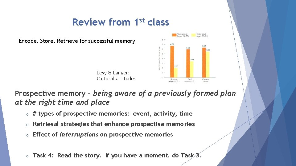 Review from 1 st class Encode, Store, Retrieve for successful memory Levy & Langer: