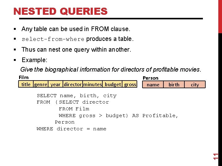 NESTED QUERIES § Any table can be used in FROM clause. § select-from-where produces