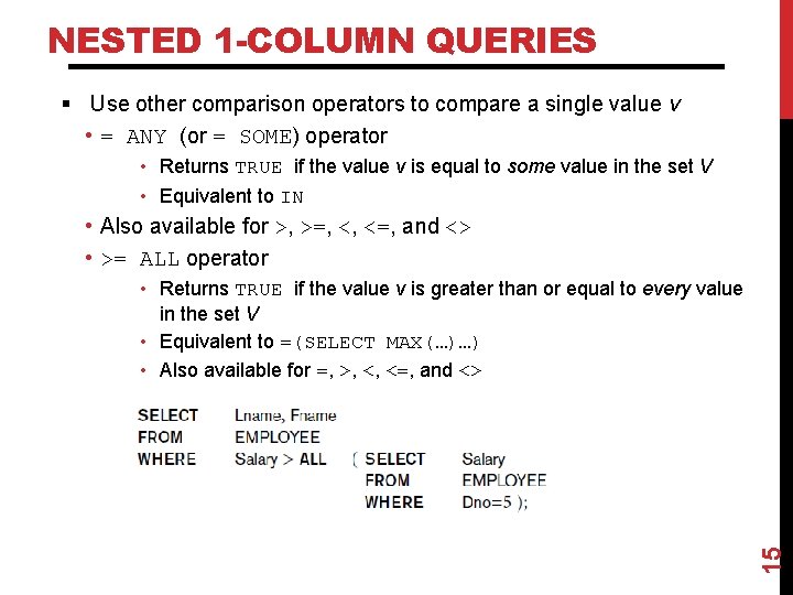 NESTED 1 -COLUMN QUERIES § Use other comparison operators to compare a single value