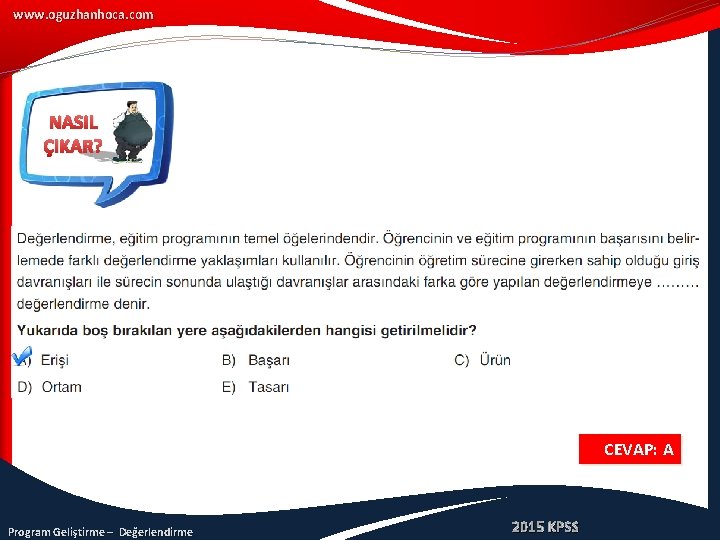 www. oguzhanhoca. com NASIL ÇIKAR? CEVAP: A Program Geliştirme – Değerlendirme 2015 KPSS 