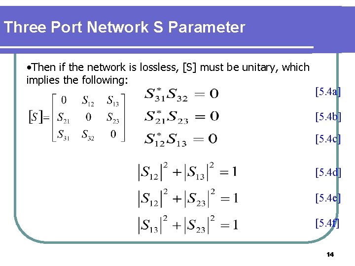 Three Port Network S Parameter • Then if the network is lossless, [S] must