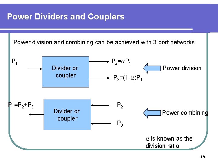 Power Dividers and Couplers Power division and combining can be achieved with 3 port