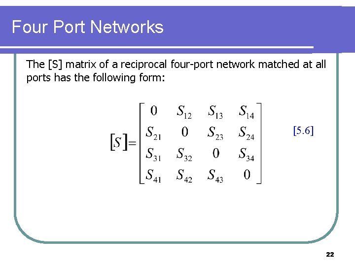 Four Port Networks The [S] matrix of a reciprocal four-port network matched at all