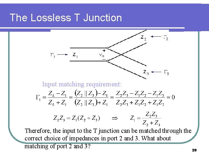 The Lossless T Junction Input matching requirement: Therefore, the input to the T junction