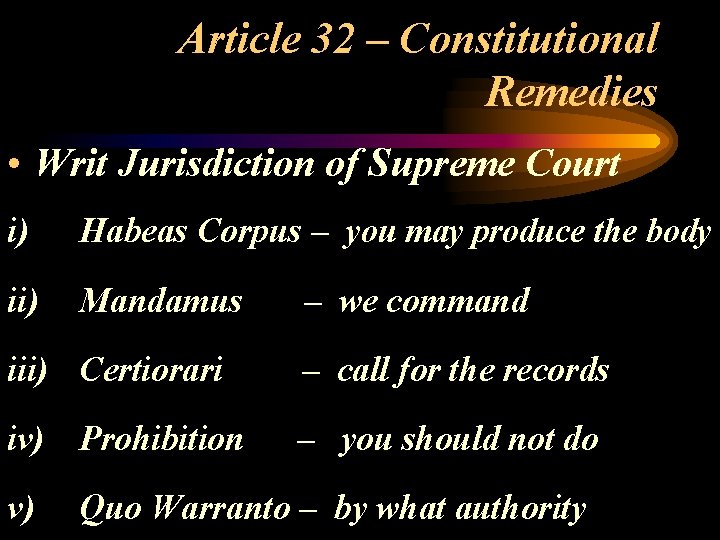 Article 32 – Constitutional Remedies • Writ Jurisdiction of Supreme Court i) Habeas Corpus