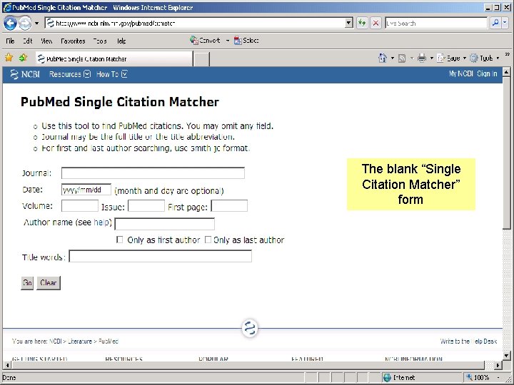 The blank “Single Citation Matcher” form 