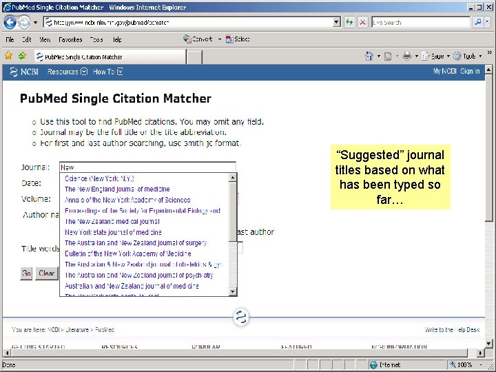 “Suggested” journal titles based on what has been typed so far… 