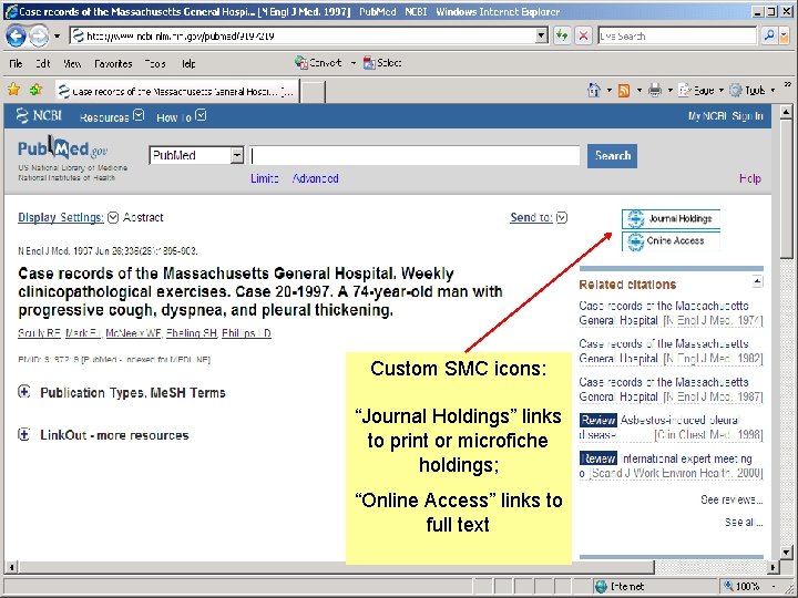 Custom SMC icons: “Journal Holdings” links to print or microfiche holdings; “Online Access” links