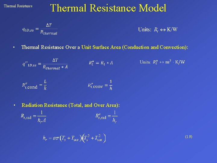 Thermal Resistance Model • Thermal Resistance Over a Unit Surface Area (Conduction and Convection):