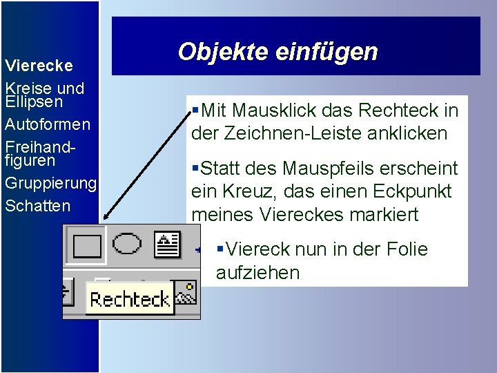 Vierecke Kreise und Ellipsen Autoformen Freihandfiguren Gruppierung Schatten Objekte einfügen §Mit Mausklick das Rechteck