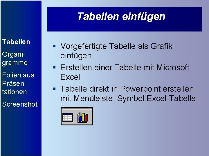 Tabellen einfügen Tabellen Organigramme Folien aus Präsentationen Screenshot § Vorgefertigte Tabelle als Grafik einfügen