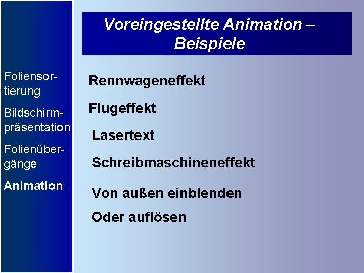 Voreingestellte Animation – Beispiele Foliensortierung Rennwageneffekt Bildschirmpräsentation Flugeffekt Folienübergänge Animation Lasertext Schreibmaschineneffekt Von außen
