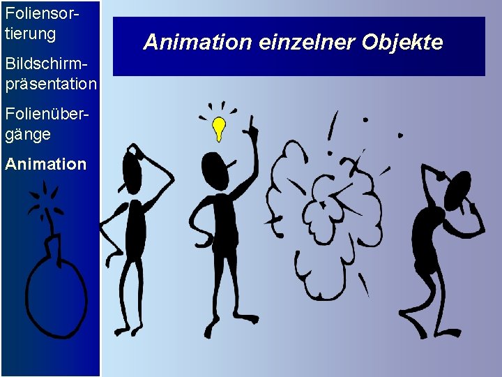 Foliensortierung Bildschirmpräsentation Folienübergänge Animation einzelner Objekte 
