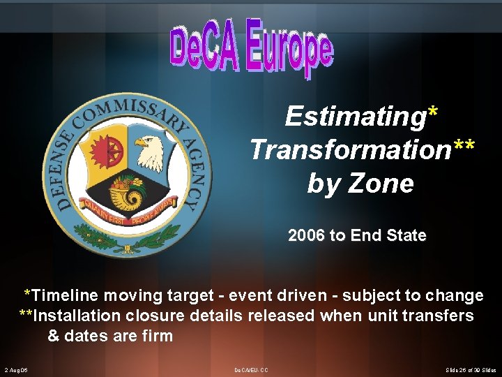 Estimating* Transformation** by Zone 2006 to End State *Timeline moving target - event driven
