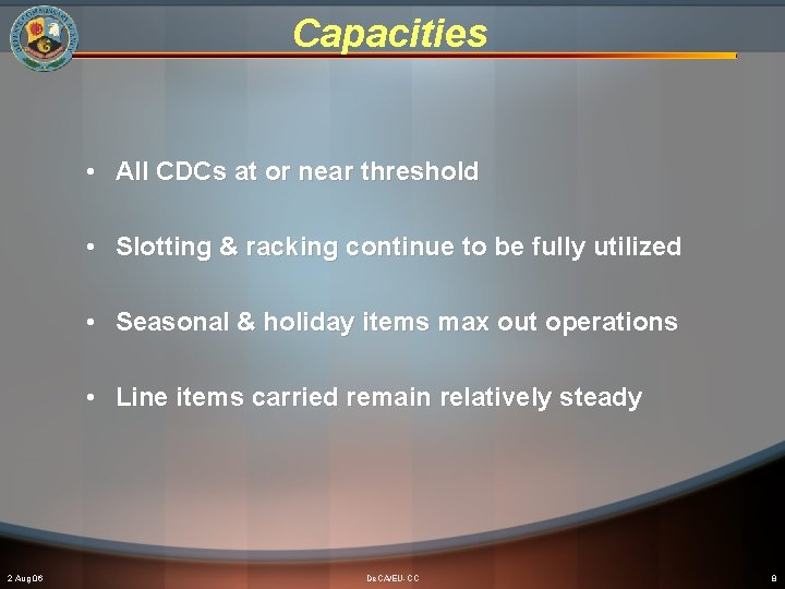 Capacities • All CDCs at or near threshold • Slotting & racking continue to