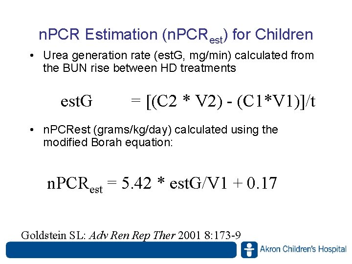 n. PCR Estimation (n. PCRest) for Children • Urea generation rate (est. G, mg/min) n. PCR Estimation (n. PCRest) for Children • Urea generation rate (est. G, mg/min)