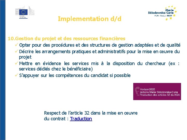 Implementation d/d 10. Gestion du projet et des ressources financières Opter pour des procédures