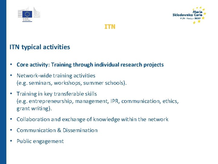 ITN typical activities • Core activity: Training through individual research projects • Network-wide training