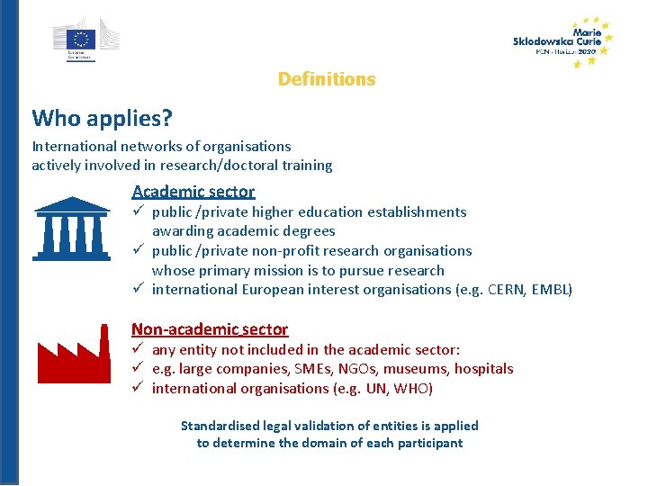 Definitions Who applies? International networks of organisations actively involved in research/doctoral training Academic sector