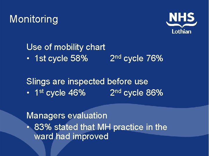 Monitoring Use of mobility chart • 1 st cycle 58% 2 nd cycle 76%