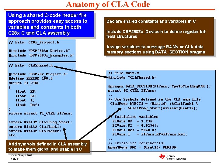 Anatomy of CLA Code Using a shared C-code header file approach provides easy access