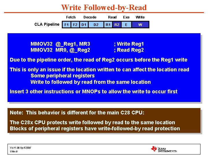 Write Followed-by-Read Fetch CLA Pipeline F 1 F 2 Decode D 1 MMOV 32