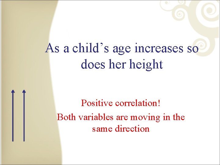 As a child’s age increases so does her height Positive correlation! Both variables are
