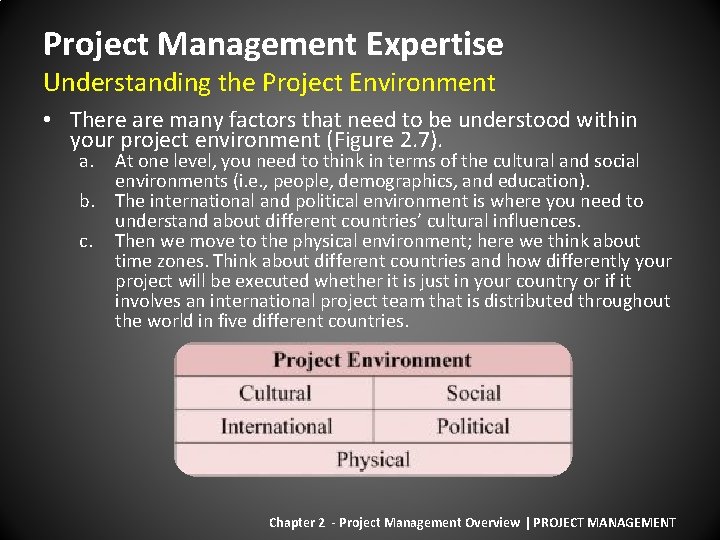 Project Management Expertise Understanding the Project Environment • There are many factors that need