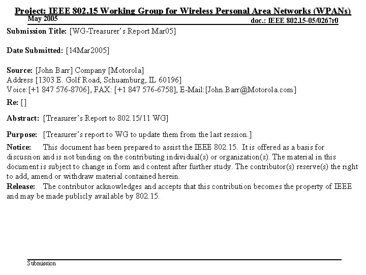Project: IEEE 802. 15 Working Group for Wireless Personal Area Networks (WPANs) May 2005