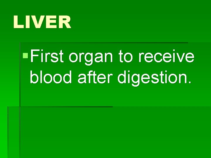 LIVER §First organ to receive blood after digestion. 