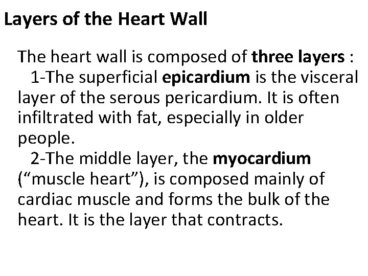 Layers of the Heart Wall The heart wall is composed of three layers :