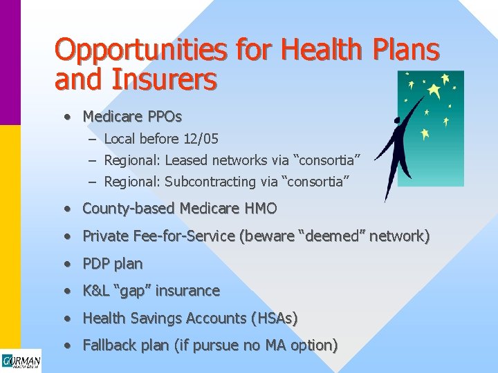 Opportunities for Health Plans and Insurers • Medicare PPOs – Local before 12/05 –