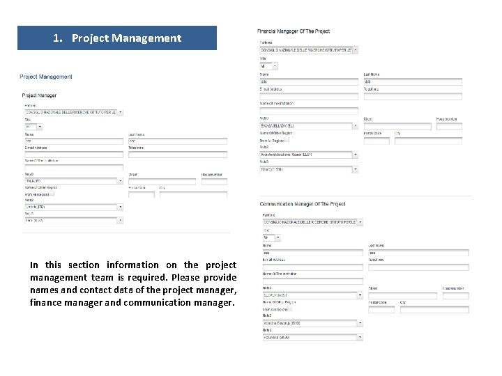 1. Project Management In this section information on the project management team is required.