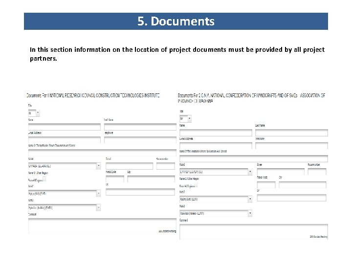 5. Documents In this section information on the location of project documents must be