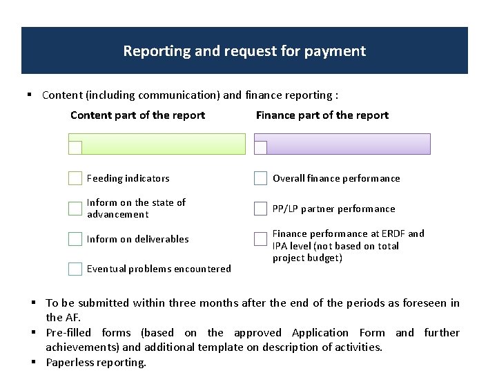 Reporting and request for payment Content (including communication) and finance reporting : Content part