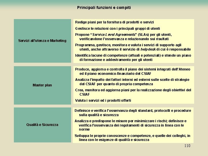 Principali funzioni e compiti Redige piani per la fornitura di prodotti e servizi Gestisce