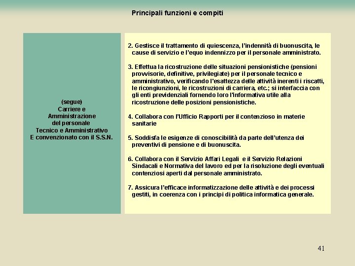 Principali funzioni e compiti 2. Gestisce il trattamento di quiescenza, l’indennità di buonuscita, le