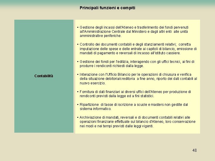 Principali funzioni e compiti • Gestione degli incassi dell’Ateneo e trasferimento dei fondi pervenuti