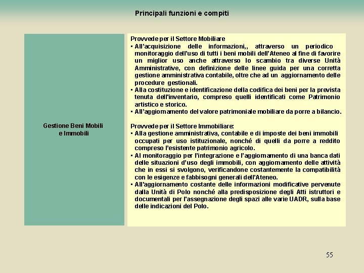 Principali funzioni e compiti Provvede per il Settore Mobiliare • All’acquisizione delle informazioni, ,