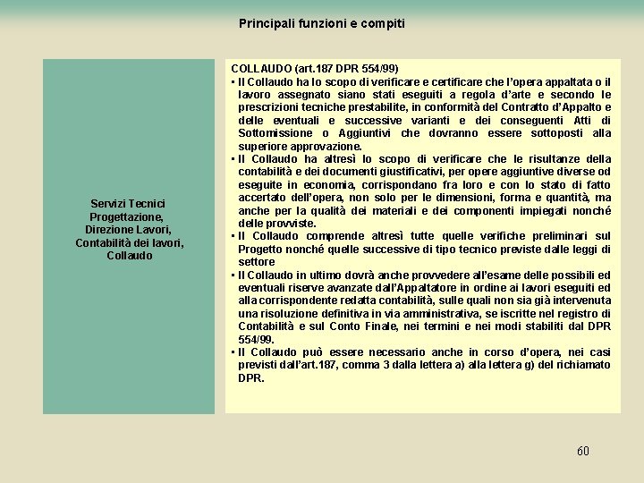 Principali funzioni e compiti Servizi Tecnici Progettazione, Direzione Lavori, Contabilità dei lavori, Collaudo COLLAUDO