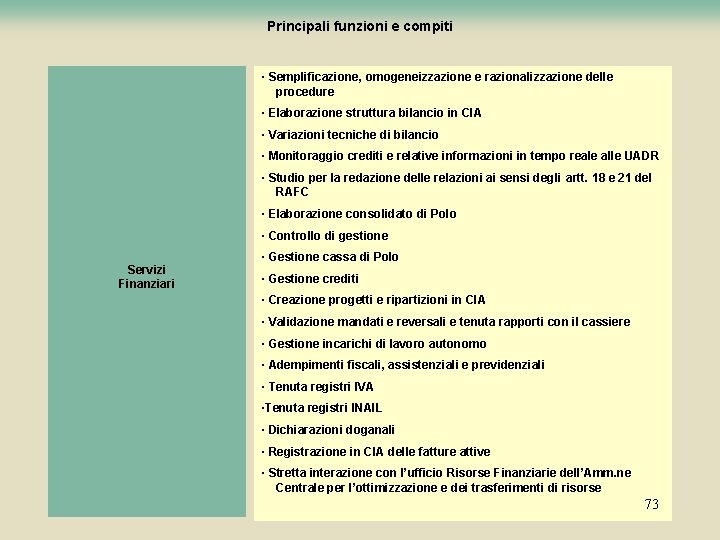 Principali funzioni e compiti · Semplificazione, omogeneizzazione e razionalizzazione delle procedure · Elaborazione struttura