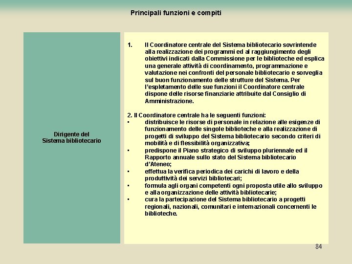 Principali funzioni e compiti 1. Dirigente del Sistema bibliotecario Il Coordinatore centrale del Sistema