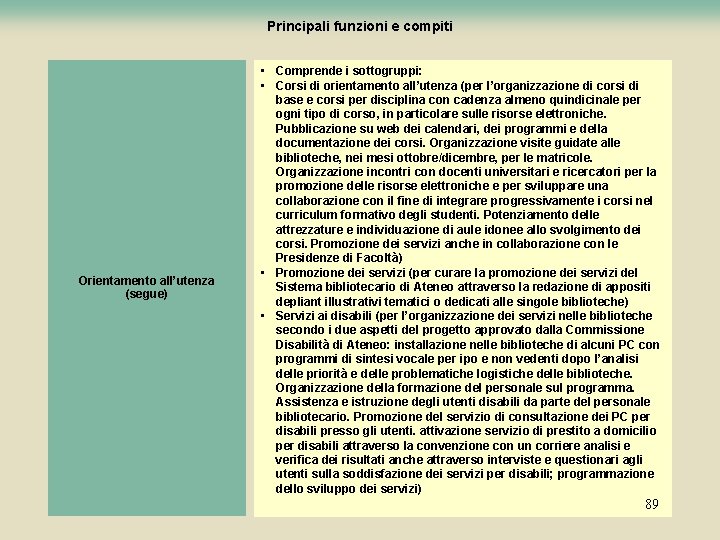 Principali funzioni e compiti Orientamento all’utenza (segue) • Comprende i sottogruppi: • Corsi di