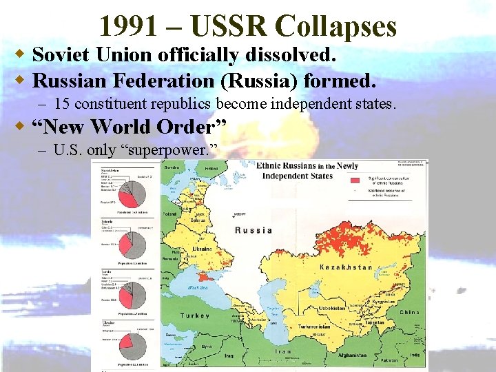 1991 – USSR Collapses w Soviet Union officially dissolved. w Russian Federation (Russia) formed.