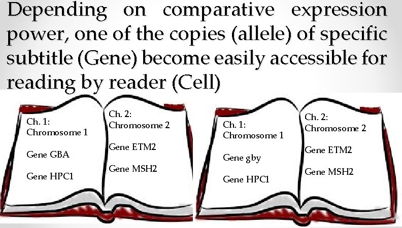 Depending on comparative expression power, one of the copies (allele) of specific subtitle (Gene) Depending on comparative expression power, one of the copies (allele) of specific subtitle (Gene)