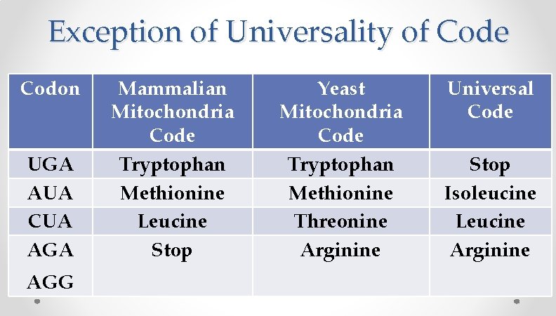 Exception of Universality of Code Codon UGA AUA CUA AGG Mammalian Mitochondria Code Tryptophan Exception of Universality of Code Codon UGA AUA CUA AGG Mammalian Mitochondria Code Tryptophan